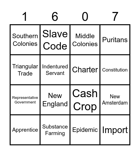 13 Colonies Vocabulary Bingo Card