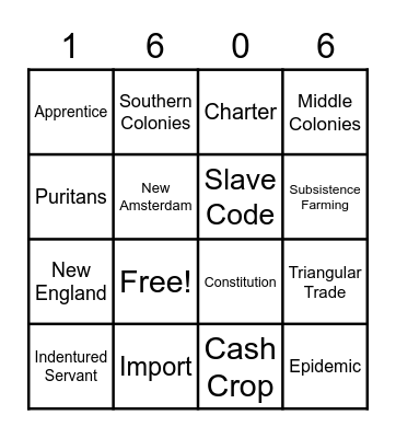 13 Colonies Vocabulary Bingo Card