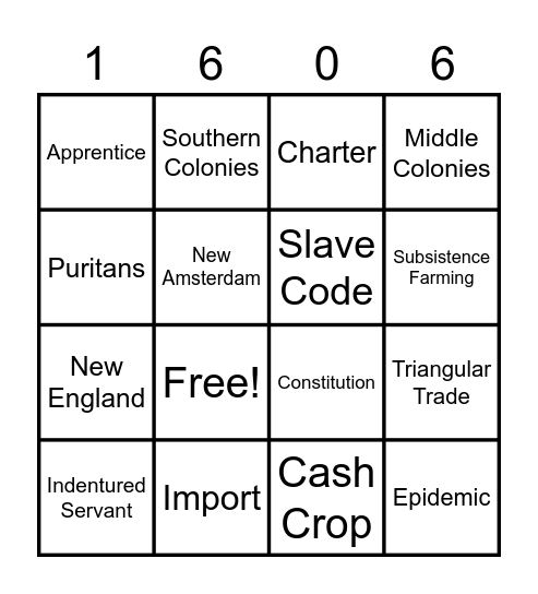 13 Colonies Vocabulary Bingo Card