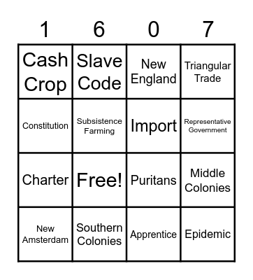 13 Colonies Vocabulary Bingo Card