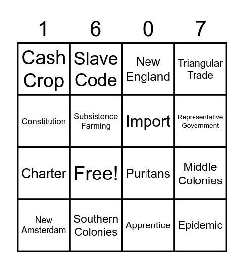 13 Colonies Vocabulary Bingo Card