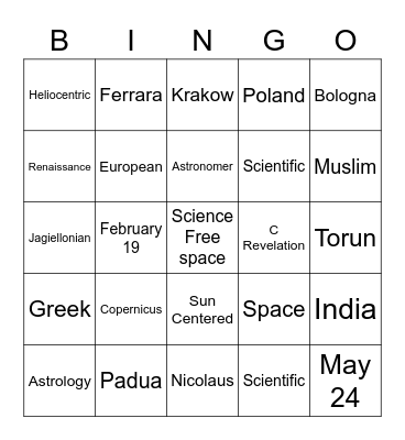 Copernicus Bingo Card