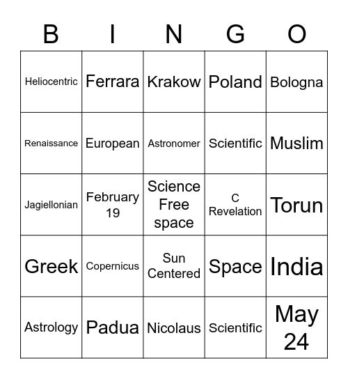 Copernicus Bingo Card