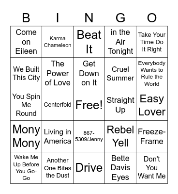 80's Hits Bingo Card