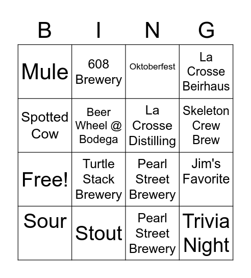 La Crosse Bingo Card