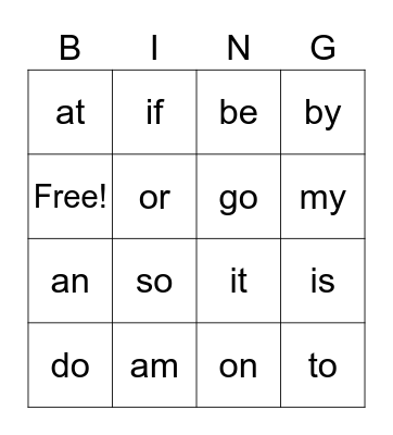 Sight Words Bingo Card