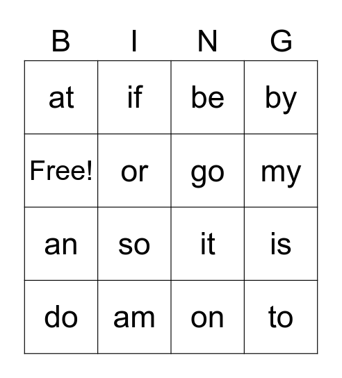Sight Words Bingo Card
