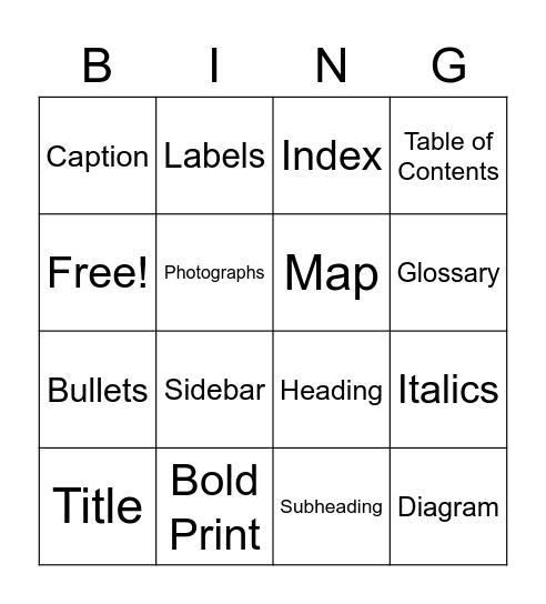 Text Features Bingo Card