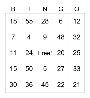 Multiplication 1-5 Bingo Card