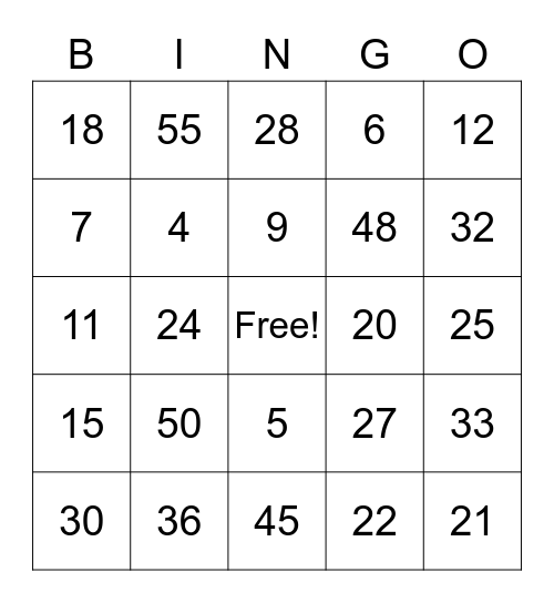 Multiplication 1-5 Bingo Card