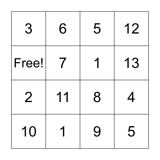Number Bingo Card