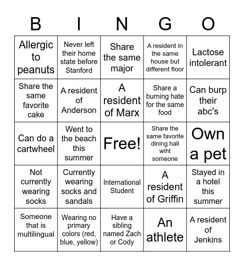 SUITES WELCOME BINGO Card