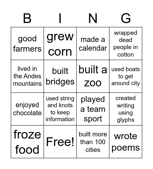 Ancient Civilization Bingo Card