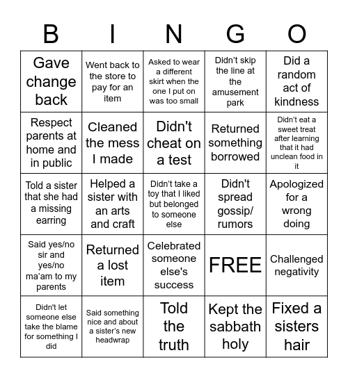 INTEGRITY BINGO Card