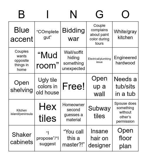 House Hunters Renovation Bingo Card