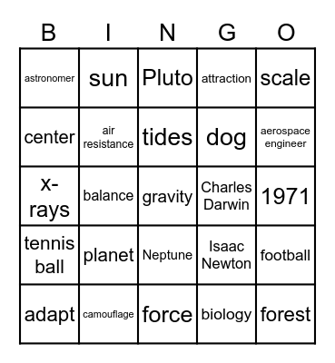 Generation Genius Gravitational Forces Between Objects Bingo Card