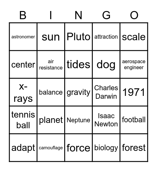 Generation Genius Gravitational Forces Between Objects Bingo Card