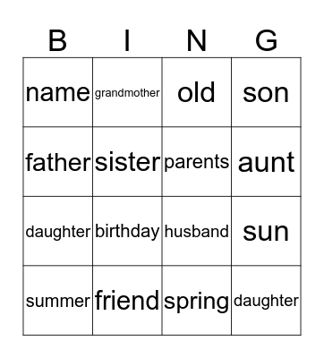 Engelse woorden Bingo Card