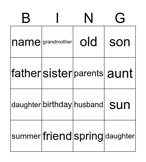 Engelse woorden Bingo Card