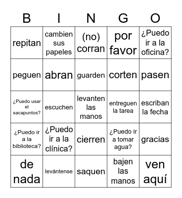 Spanish classroom lingo Bingo Card