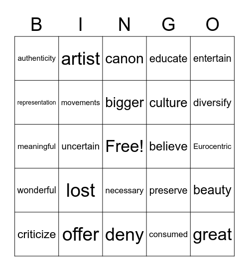 English Bingo Card