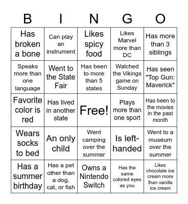 Get to Know Each Other Bingo Card