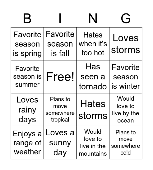 Weather Bingo Card