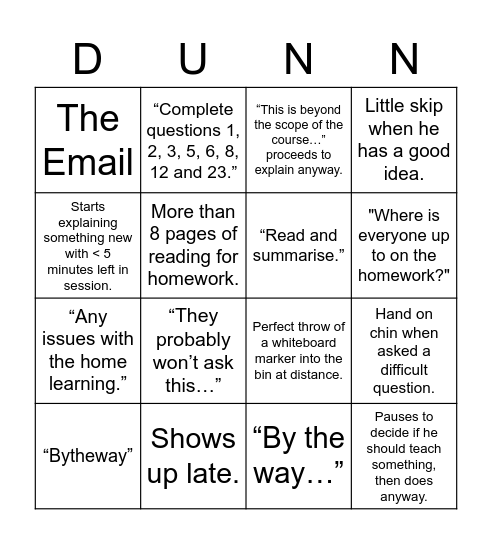 Mr Dunn Bingo Card