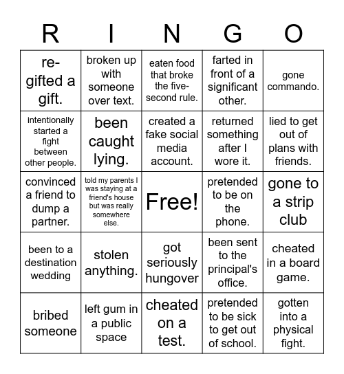 NEVER HAVE I EVER! Bingo Card