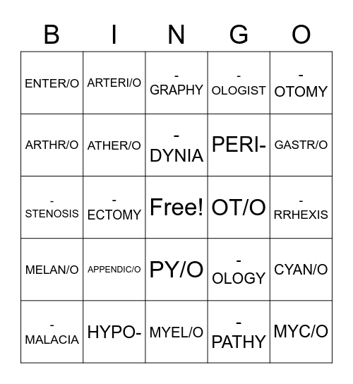 Ch. 1 Word Part Bingo Card