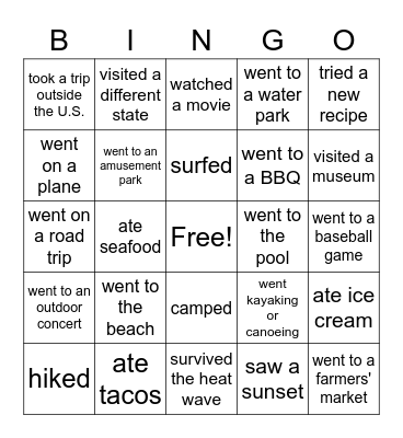 Summer Fun Bingo Card