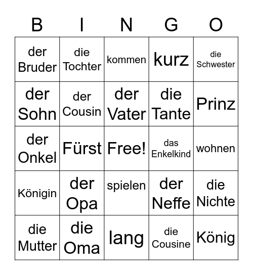 die Familie Bingo Card