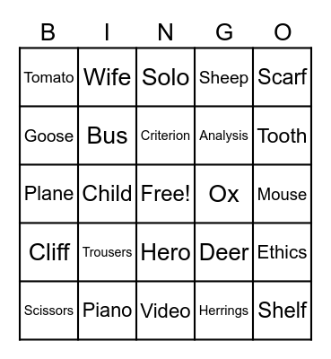 Plural Nouns Bingo Card