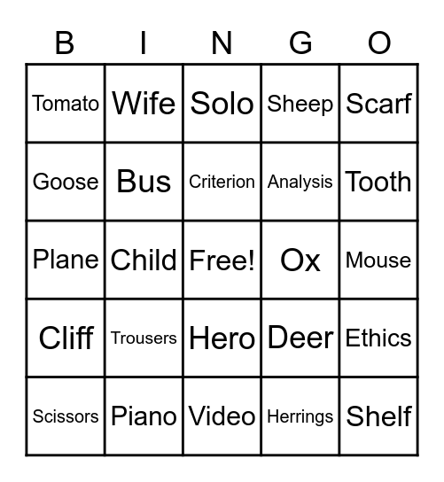 Plural Nouns Bingo Card