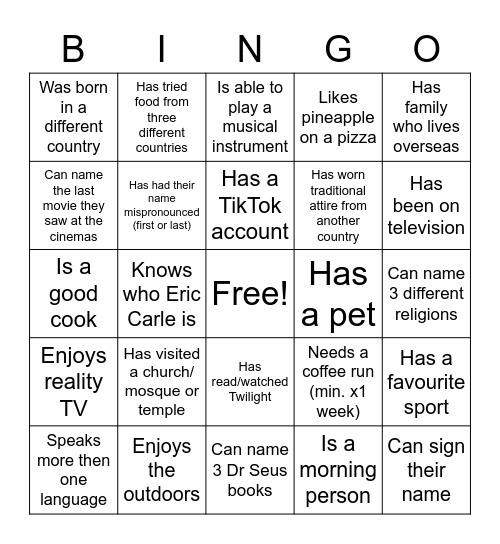 Diversity Bingo Card