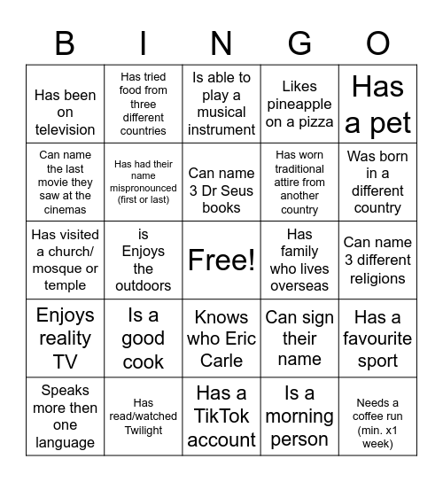 Diversity Bingo Card