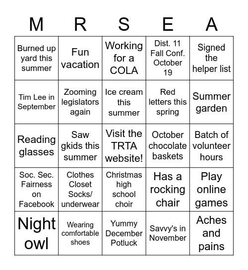 MRSEA Bingo Card