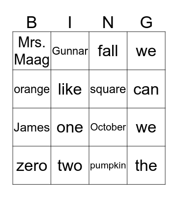 October Words Bingo Card