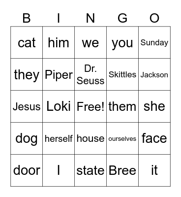 Common Nouns, Proper Nouns, Pronouns Bingo Card