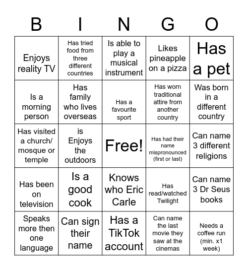 Diversity Bingo Card