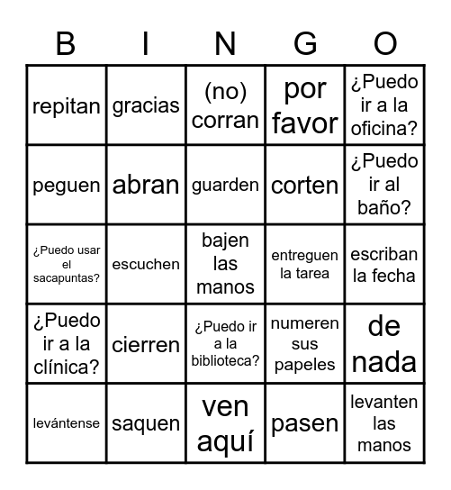 Spanish classroom lingo Bingo Card