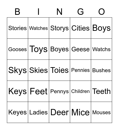 Plurals Bingo Card