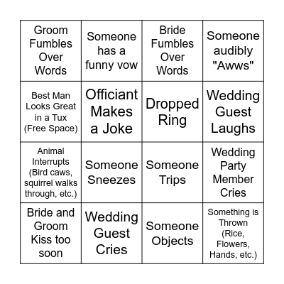 Best Man Bingo - Wedding Edition Bingo Card