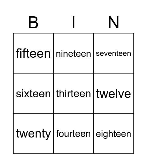 Numbers 11-20 Bingo Card