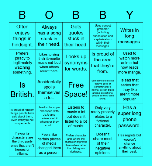 BAG Relatablity Bingo Card