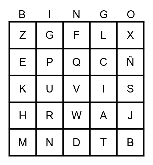 Spanish alphabet Bingo Card
