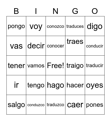 Irregular Yo Verbs Bingo Card