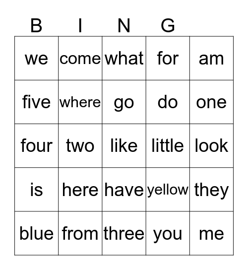 KDG HF Word BINGO Card