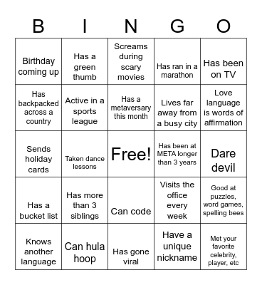 META Bingo Madness! Bingo Card