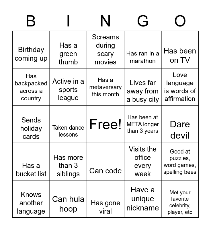 META Bingo Madness! Bingo Card